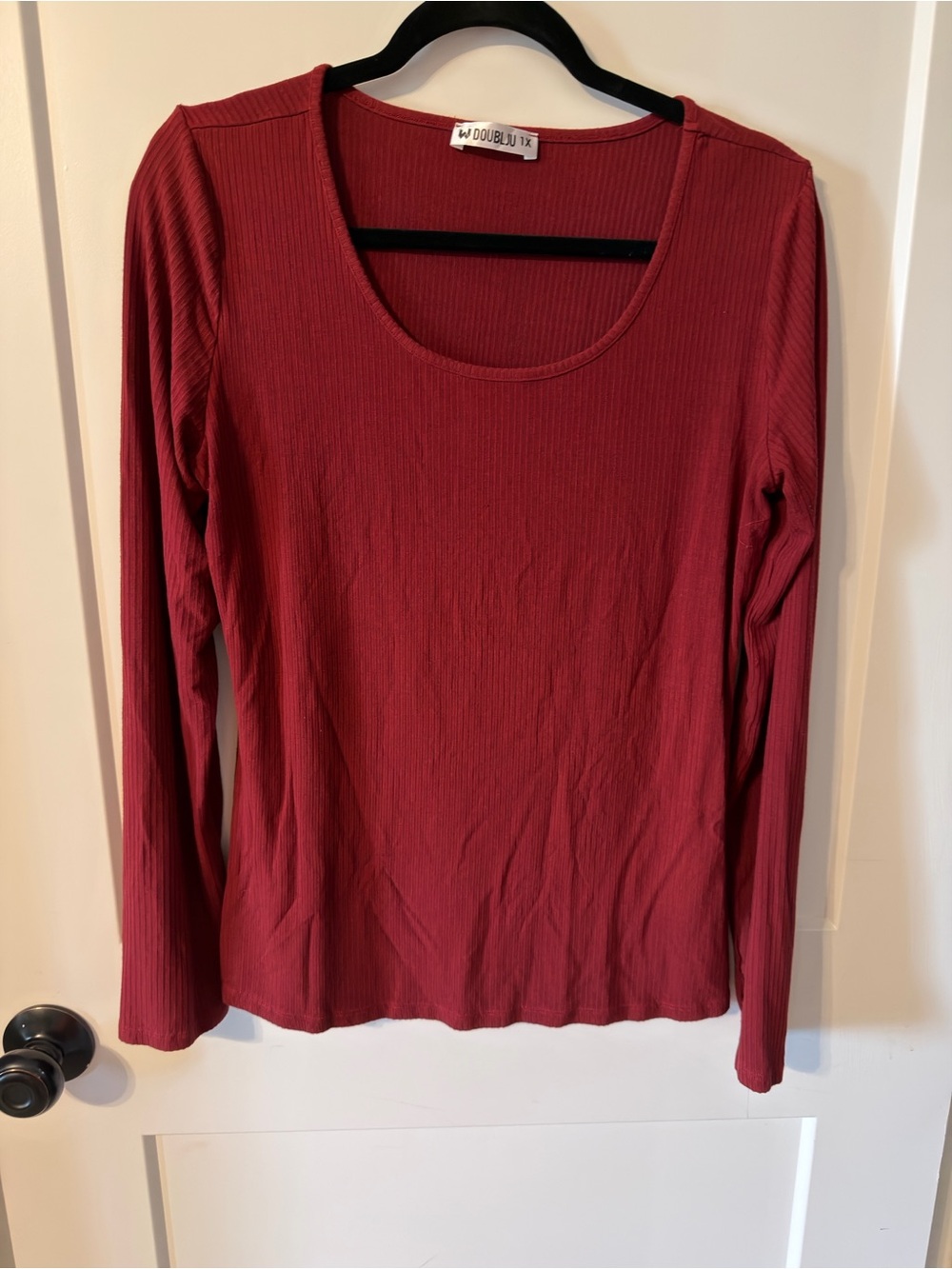 Doublju Ribbed Long-Sleeve Scoop Neck Top - Wine Red